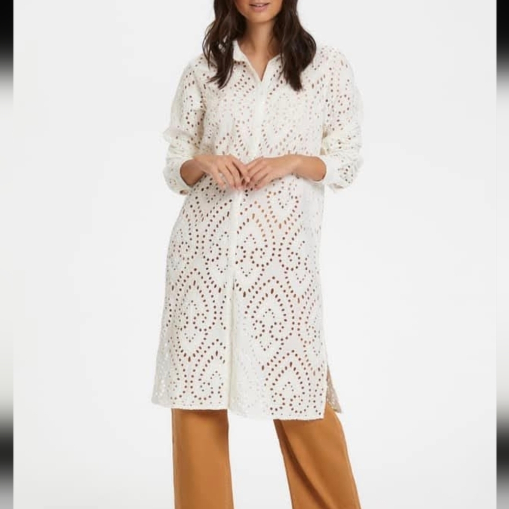 Part Two White Eyelet Broderie Anglaise Cotton Button Front Duster Dress